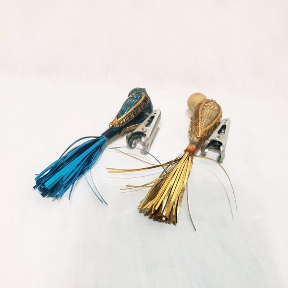 Pair Birds Clip-On Christmas Ornament 5" Vintage Plastic Tinsel Tails Gold Blue - Picture 7 of 7